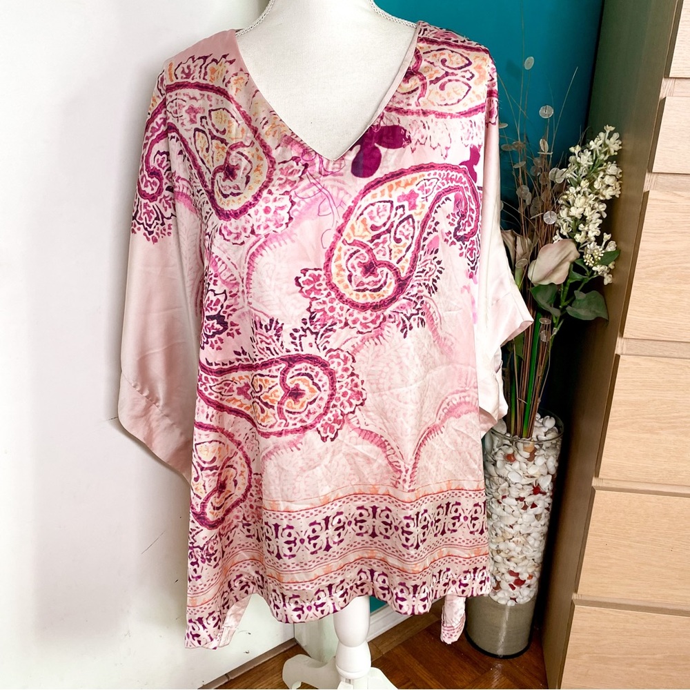 Chico's Pink Paisley Satin Kimono Blouse L/XL